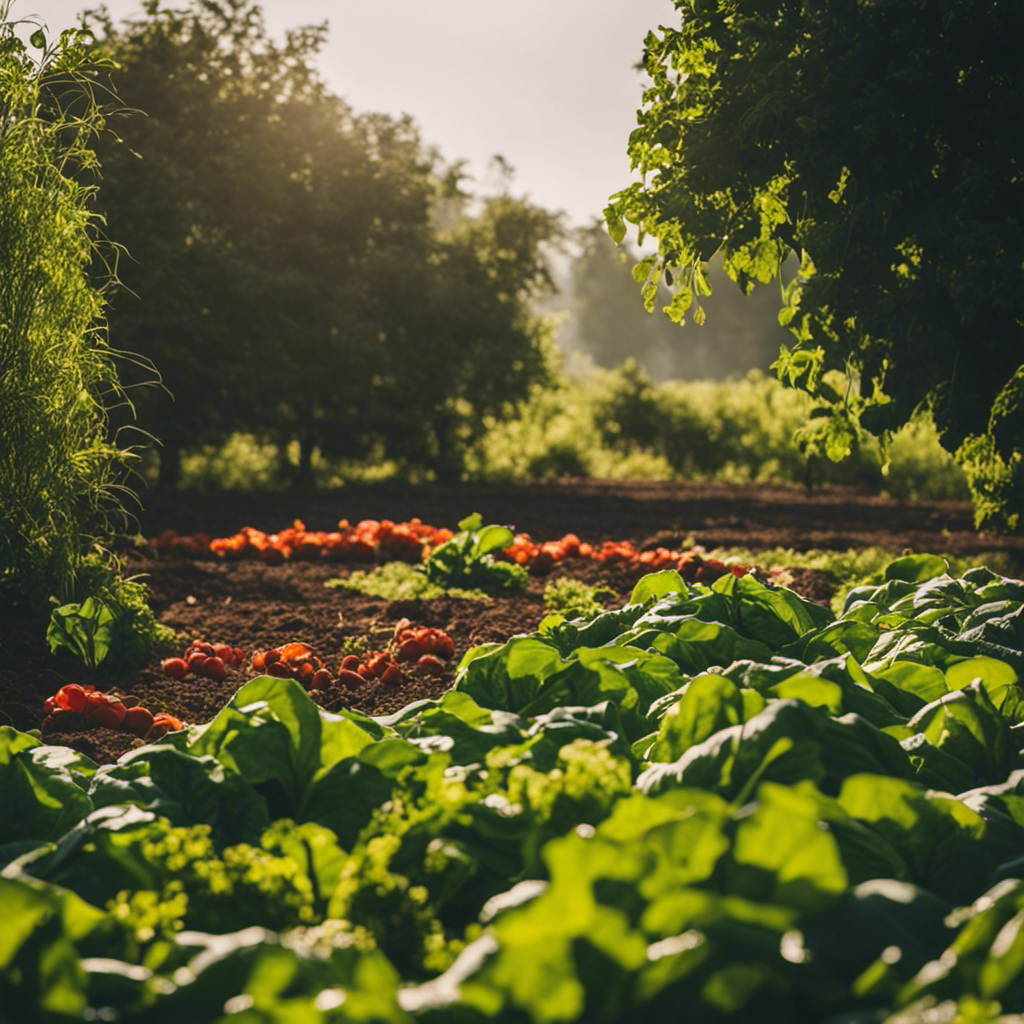 An image showcasing a lush, sprawling organic farm with ten distinct composting techniques