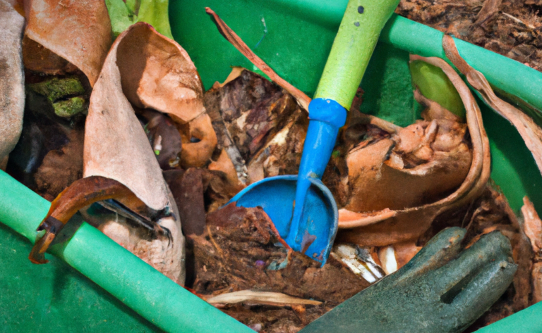 Image of a compost bin filled with layers of green and brown materials, with worms and other insects visible in the mix