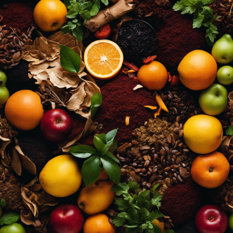 An image showcasing a diverse array of organic materials – like fruit peels, coffee grounds, and plant clippings – artfully layered in a compost bin, forming a rich tapestry of colors and textures