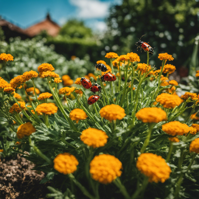 An image showcasing a lush, vibrant garden bursting with healthy plants, surrounded by natural pest deterrents like ladybugs, marigolds, neem oil spray, floating row covers, and homemade garlic spray