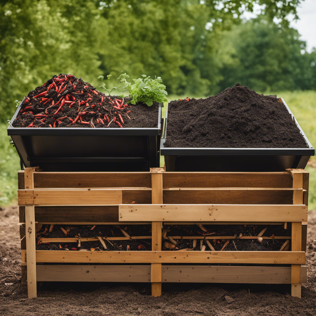 An image showcasing five diverse composting systems: a tumbler composter with a crank handle, a worm bin filled with red wrigglers, a three-bin pallet system, a composting trench, and a stacked wooden box composter