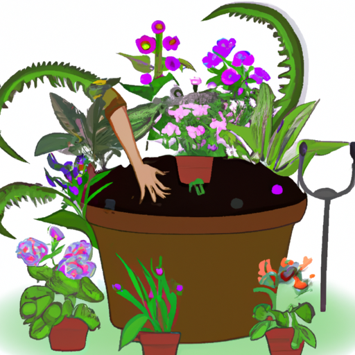 Clipart of a woman planting flowers in a pot.