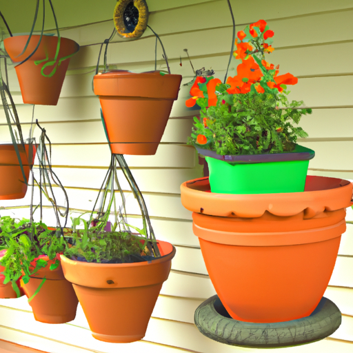 Hanging pots of flowers.