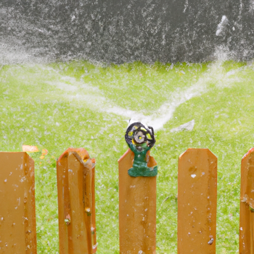 A sprinkler is spraying water on a fence.