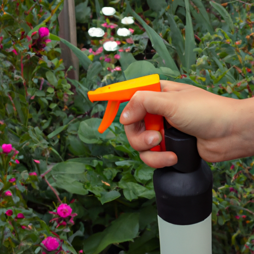 A person holding a spray bottle in a garden.