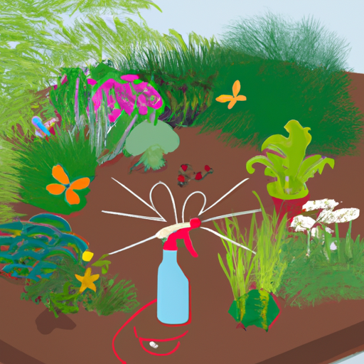 A garden with plants and a spray bottle.