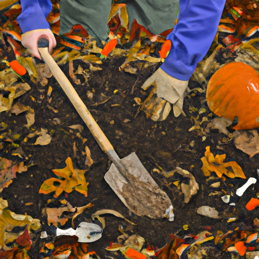 A man with a shovel in a pile of leaves.