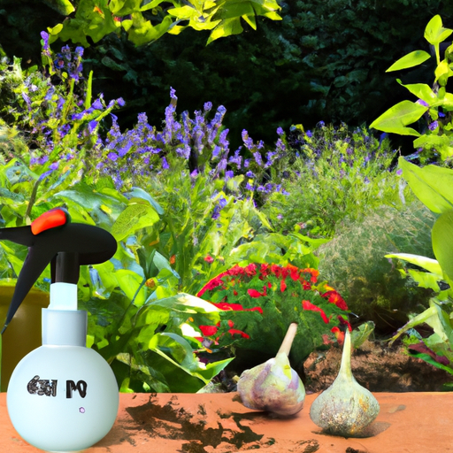 A spray bottle on a table in a garden.