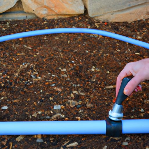 A person using a blue hose to water a garden.