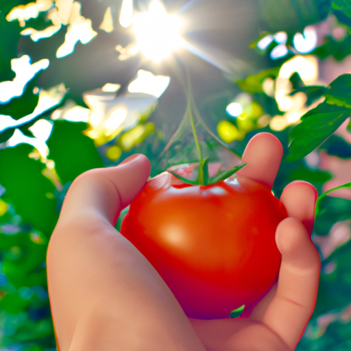 A hand holding a tomato.