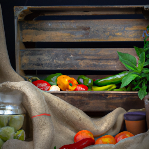 A wooden crate filled with vegetables.