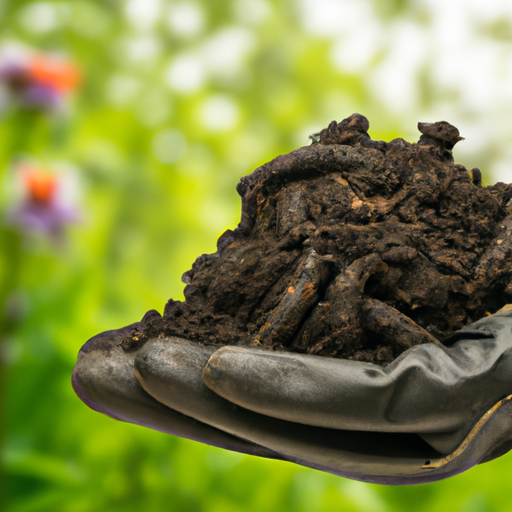 A hand holding a pile of dirt in a garden.