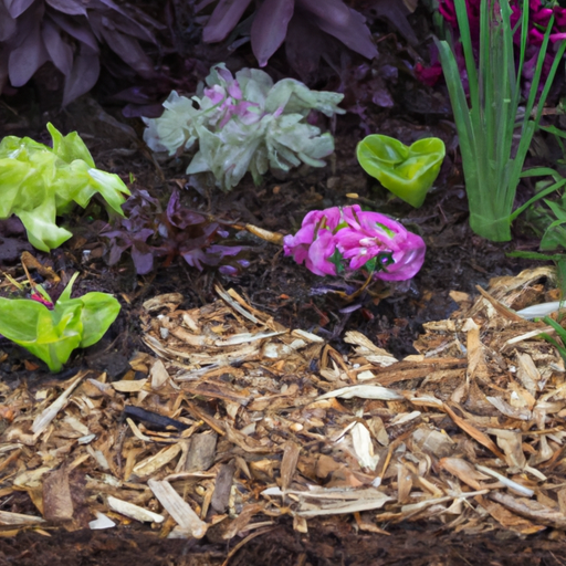 A flower bed with a variety of plants in it.