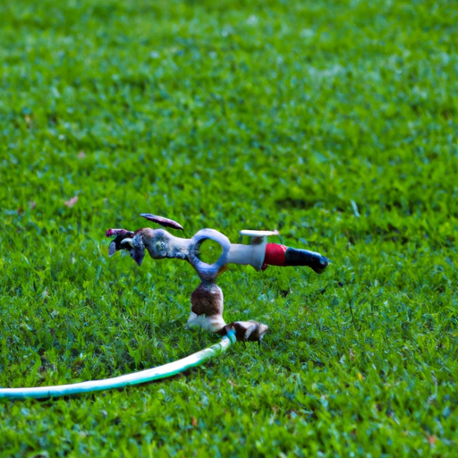 A water hose on the grass.