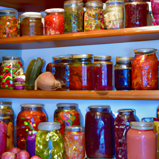 A shelf full of jars of pickles.