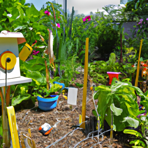 A birdhouse in a garden.