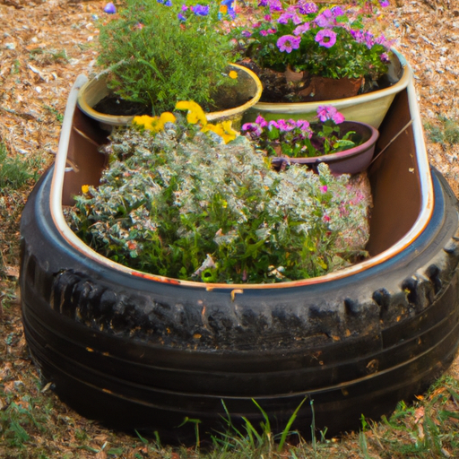 A black tire with flowers in it.