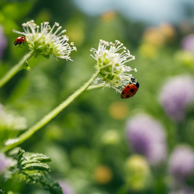 An image of a lush garden buzzing with life, where ladybugs delicately perch on fragrant flowers, while lacewings flutter above, and hoverflies hover near cabbage leaves, showcasing the effectiveness of natural pest control methods