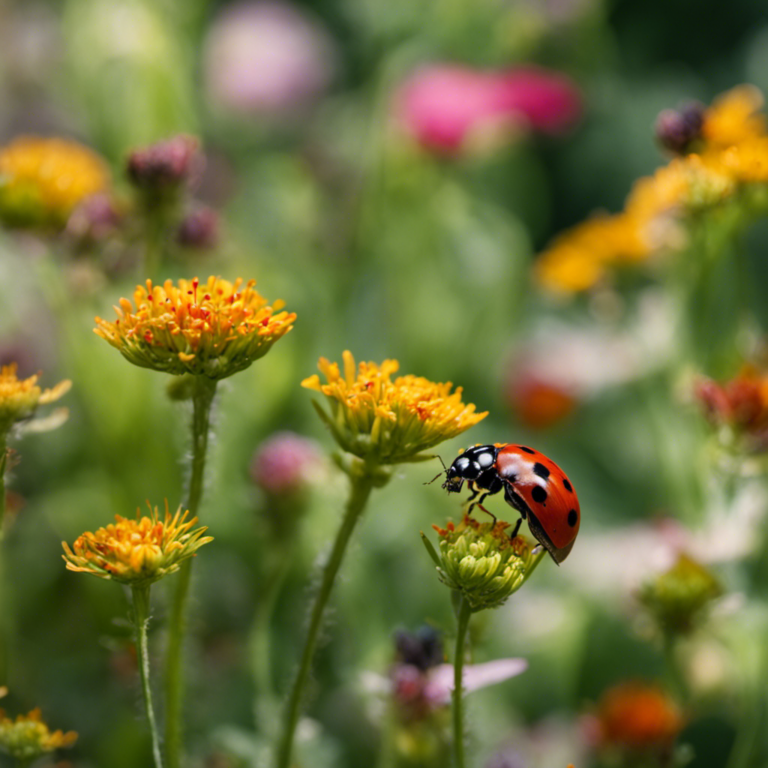 An image showcasing a vibrant garden filled with diverse plant life, where ladybugs, bees, and butterflies thrive