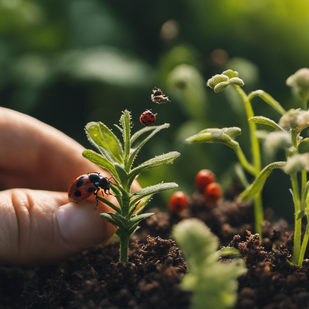 An image featuring a flourishing herb garden surrounded by natural pest control elements, such as ladybugs and praying mantises, while a gardener wearing gloves gently removes pests by hand