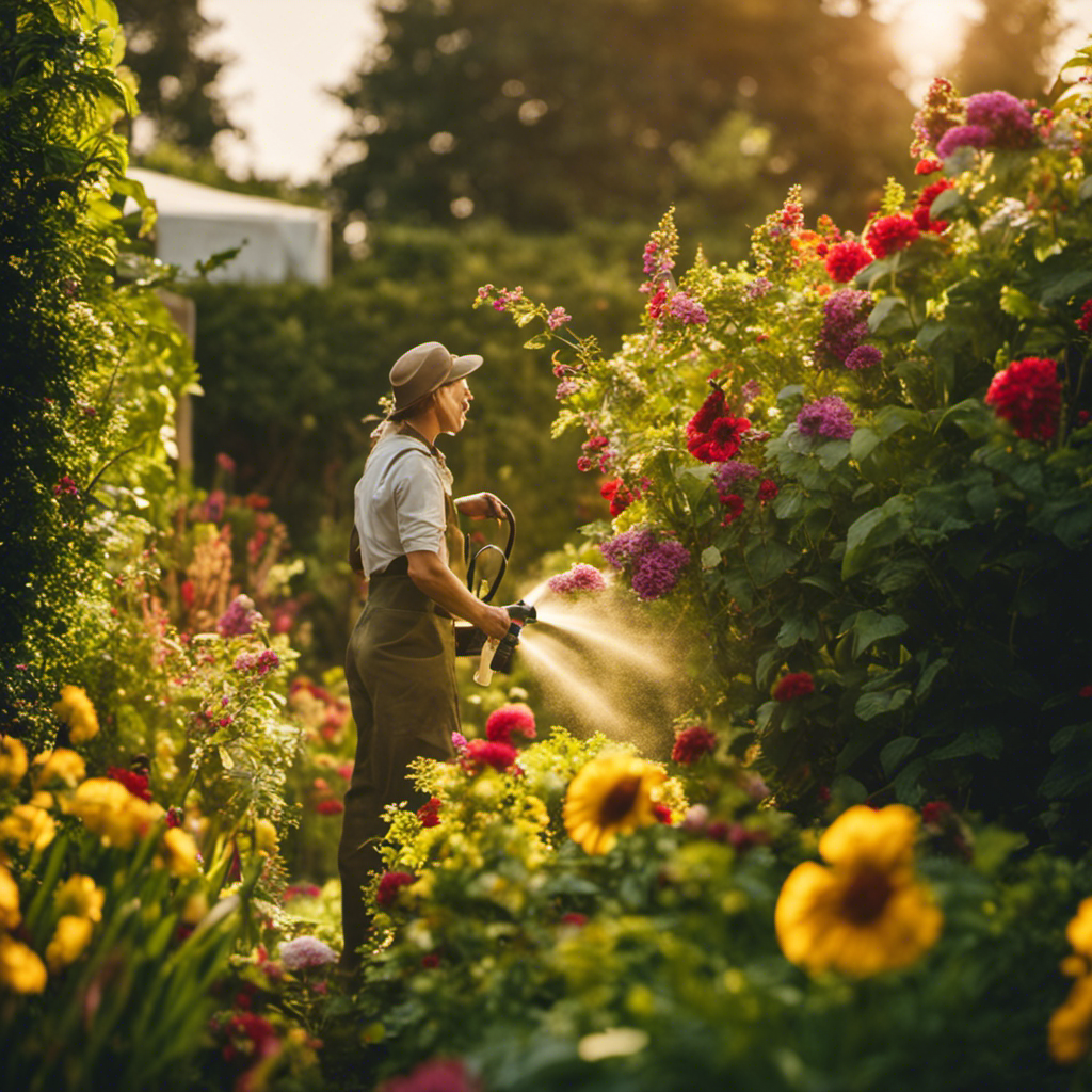 An image of a lush garden, bathed in golden sunlight, with vibrant flowers and thriving vegetables