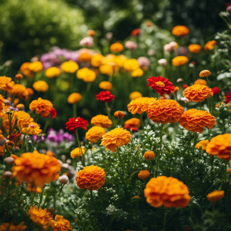 An image showcasing a lush garden scene with vibrant flowers and healthy plants surrounded by strategically placed natural pest deterrents like marigolds, garlic, and ladybugs, evoking a harmonious and eco-friendly approach to bug control