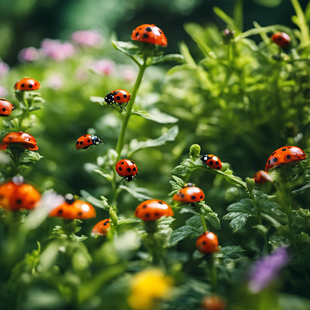 An image of a lush, thriving organic garden with vibrant plants, surrounded by ladybugs and butterflies