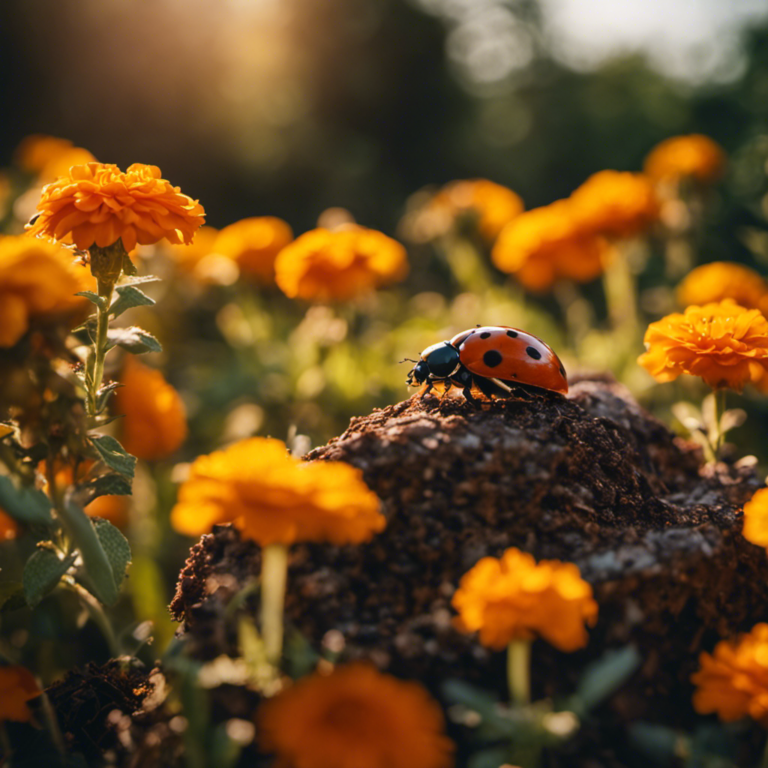 An image capturing a flourishing garden landscape bathed in golden sunlight, where ladybugs delicately patrol thriving rose bushes, while a resident toad rests beneath a vibrant patch of marigolds, ensuring a bountiful and pest-free harvest