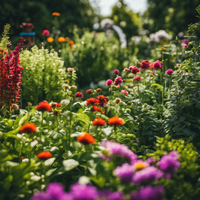 An image showcasing a lush garden, thriving with vibrant flowers and healthy vegetables