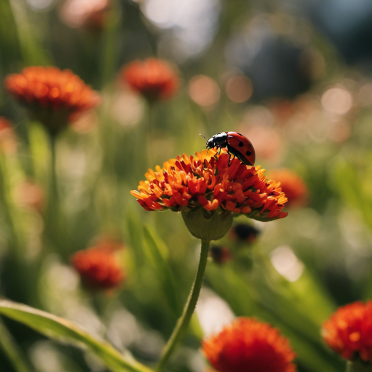 An image showcasing a flourishing garden filled with ladybugs delicately perched on vibrant flowers, while organic pesticides made from neem oil and garlic cloves are sprayed by a smiling gardener