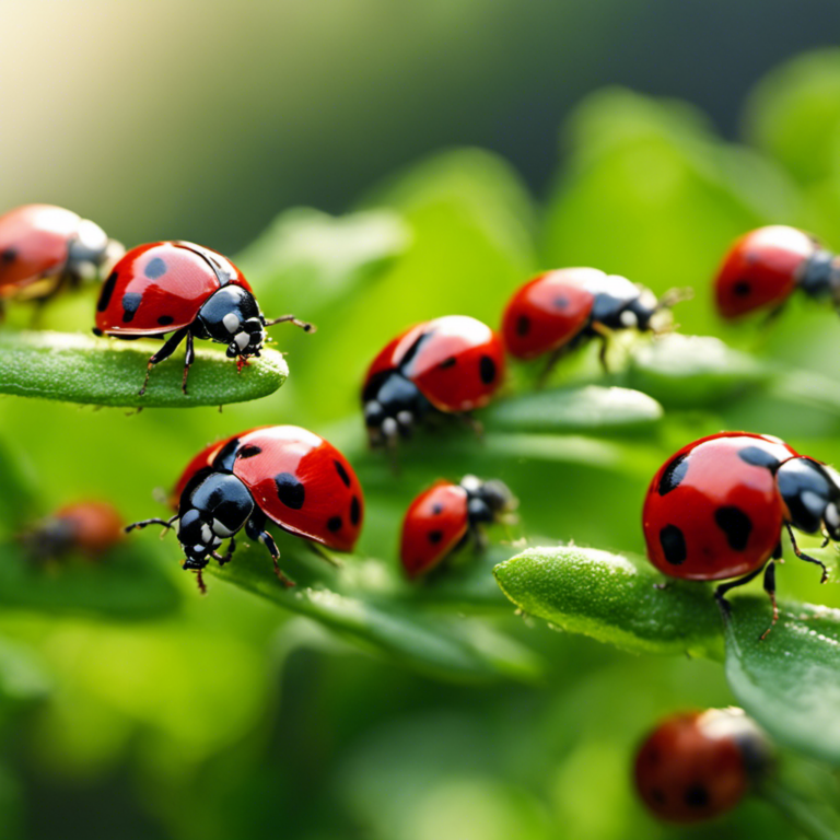 An image showcasing a vibrant garden scene, where a battalion of ladybugs, armed with their distinctive red and black shells, valiantly battle an army of aphids, defending the lush green plants and flowers