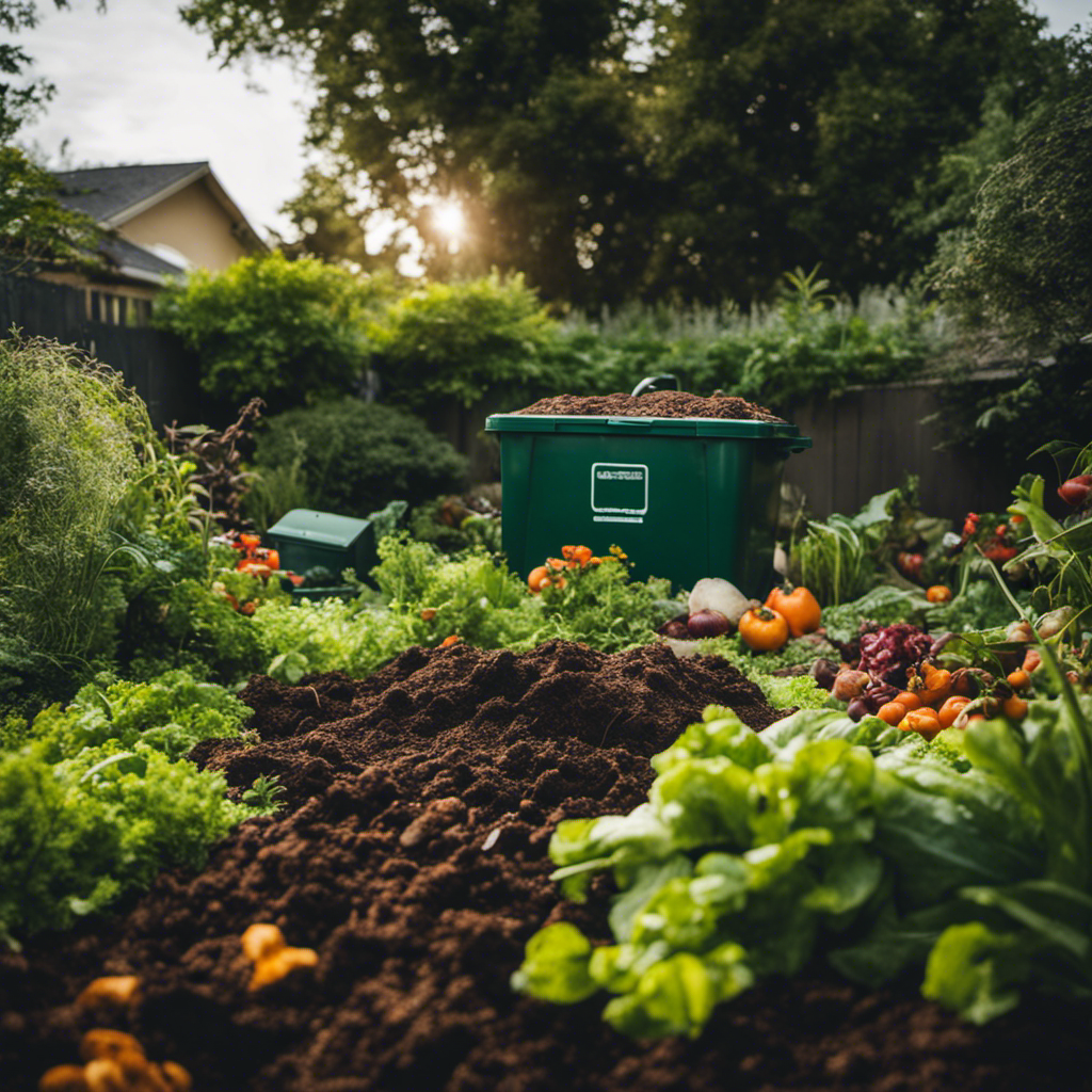 An image showcasing a lush backyard garden with a compost bin in the corner, filled with organic matter like vegetable scraps, leaves, and grass clippings, illustrating the process of decomposition and nutrient-rich soil creation