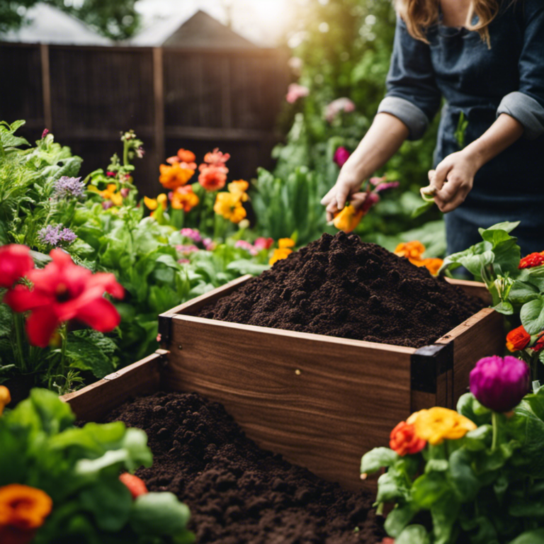 An image of a lush backyard garden with a wooden compost bin, surrounded by vibrant flowers and vegetables