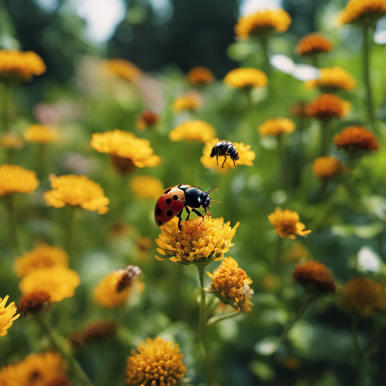 An image portraying a vibrant garden bursting with thriving plants, teeming with beneficial insects like ladybugs and bees, while reflecting a harmonious ecosystem where natural predators keep pests at bay