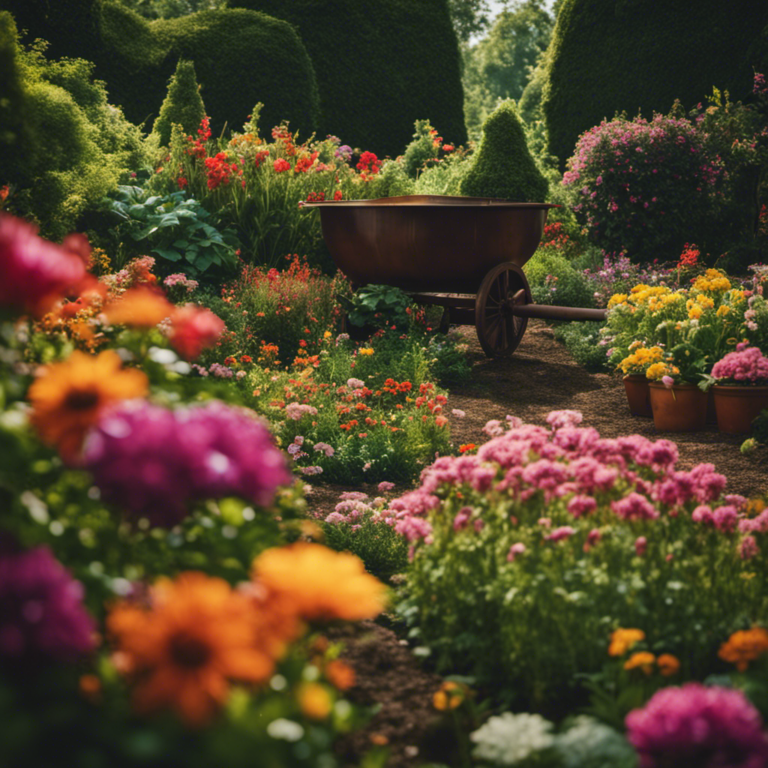 An image showcasing a lush, thriving garden surrounded by a symphony of vibrant flowers, towering trees, and lush greenery