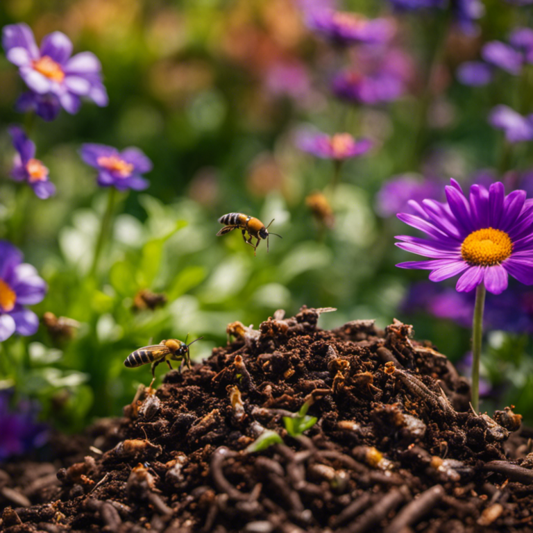 An image showcasing the hidden beauty of organic farming's wild side: a lush, sun-kissed compost pile teeming with earthworms, vibrant green plants sprouting from nutrient-rich soil, and a symphony of buzzing bees pollinating colorful flowers