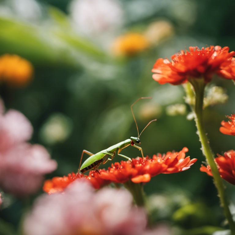 An image capturing a lush, vibrant garden, teeming with ladybugs delicately perched on leaves, a praying mantis camouflaged amidst flowers, and a contented gardener, surrounded by thriving plants, showcasing the power of natural pest control