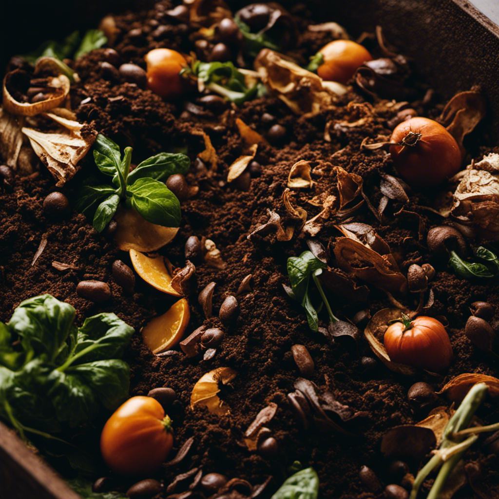 An image showcasing a diverse array of organic materials, such as vegetable scraps, coffee grounds, and straw, layered meticulously in a compost bin