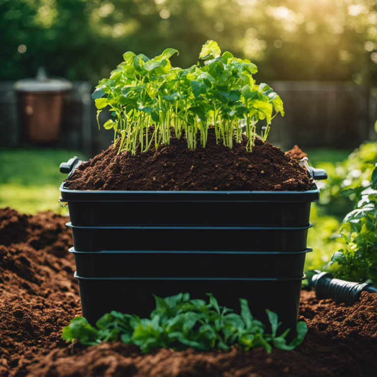 An image showcasing a flourishing organic garden with compost piles neatly arranged nearby