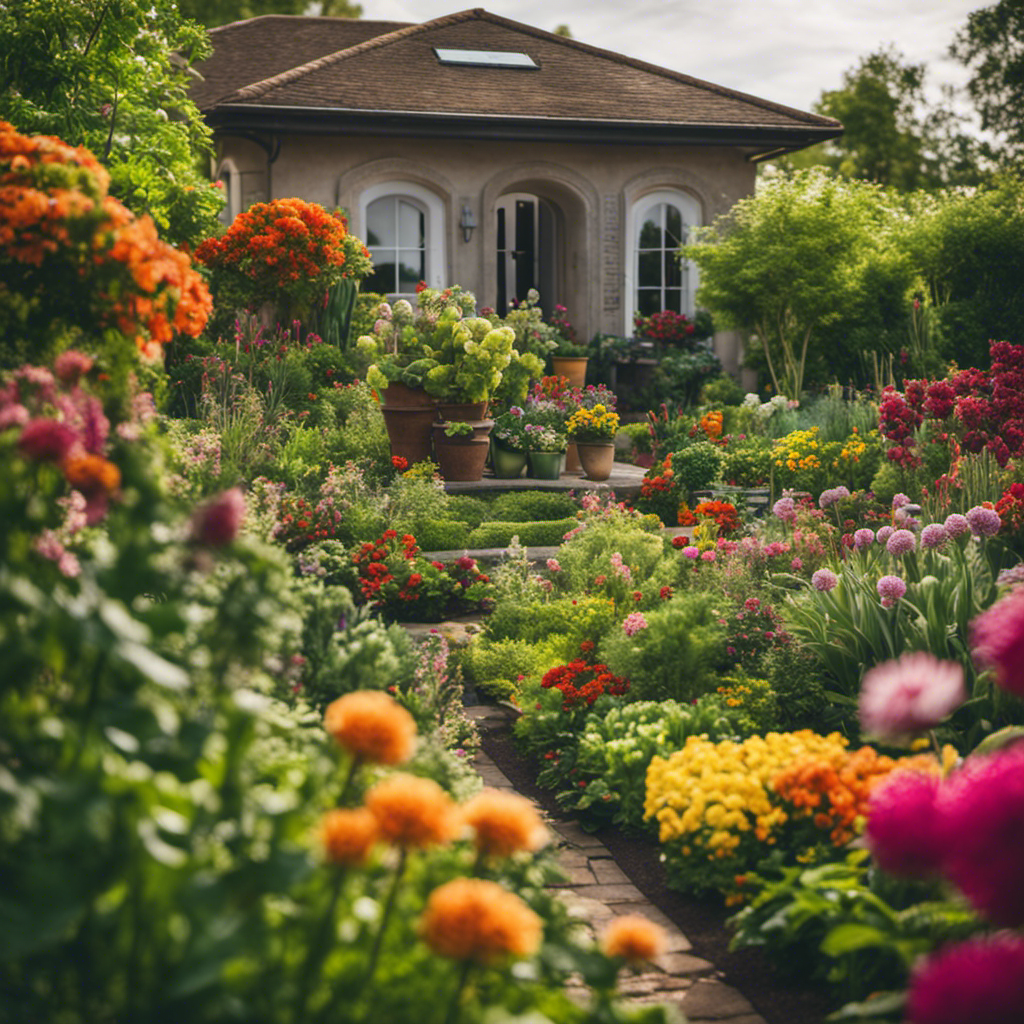 An image of a lush, thriving home garden surrounded by vibrant flowers and vegetables, with a gardener using eco-friendly pest control methods such as companion planting, organic sprays, and physical barriers