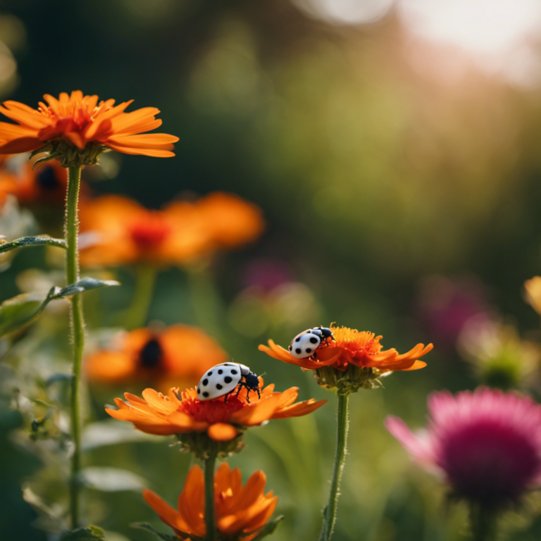 An image showcasing a lush garden, brimming with vibrant flowers and thriving crops, while friendly ladybugs diligently patrol the plants, warding off pests