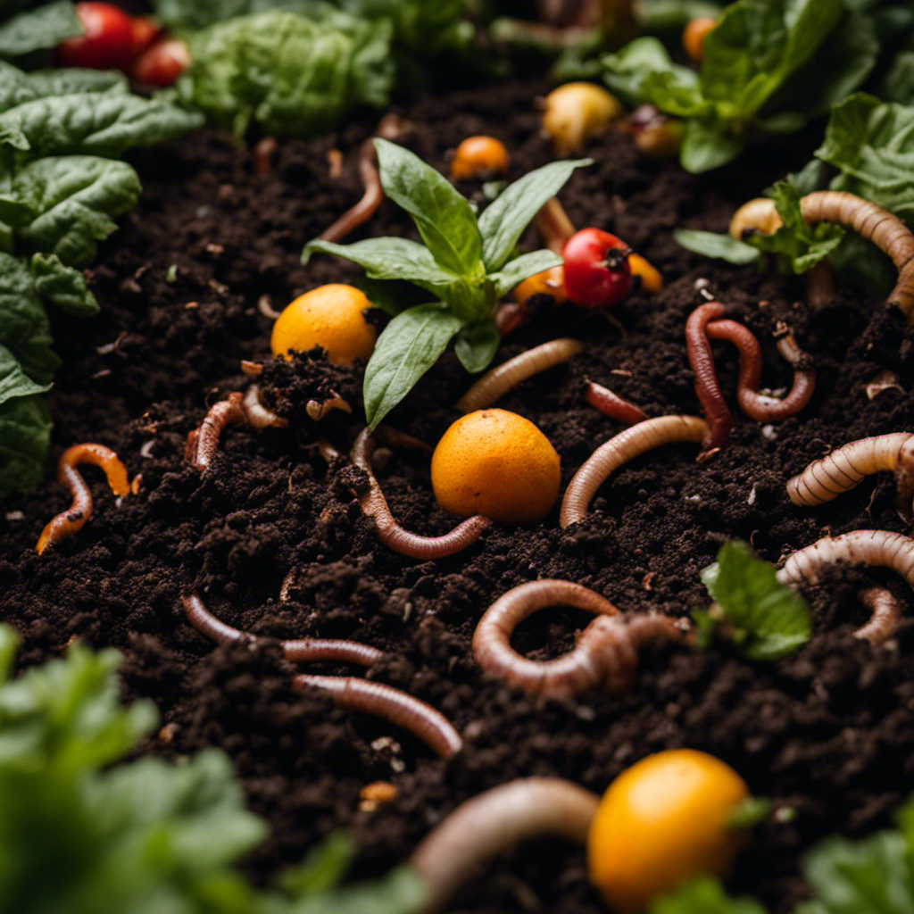 An image showcasing a lush garden bed filled with nutrient-rich, dark soil, teeming with earthworms and decomposing organic matter