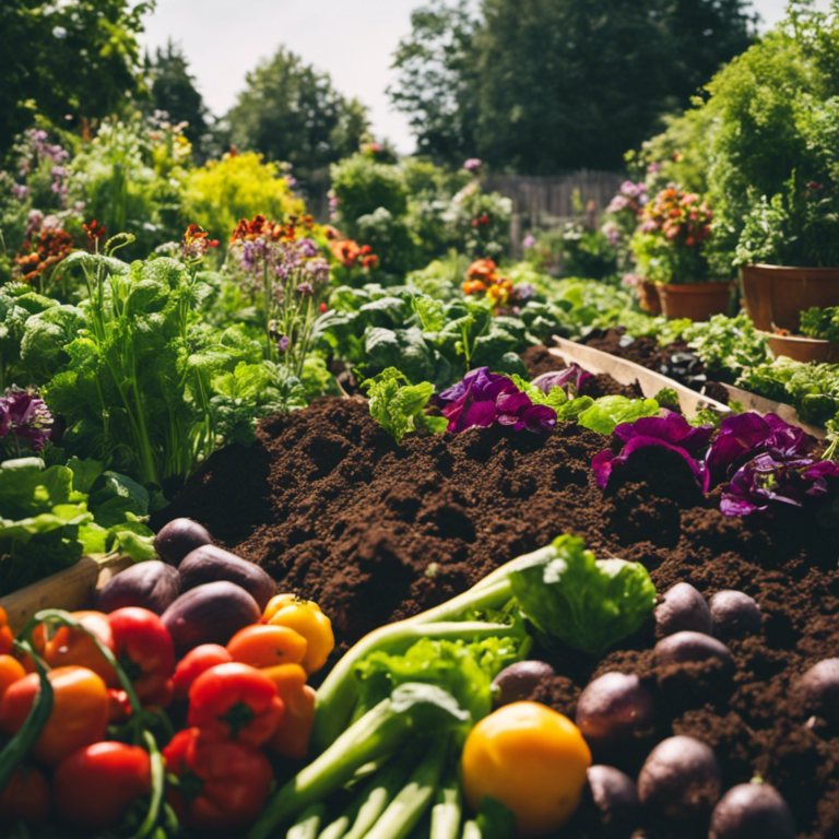 An image showcasing a lush, thriving organic garden surrounded by nutrient-rich compost piles, with vibrant vegetables, flowers, and herbs flourishing, depicting the incredible power of home composting