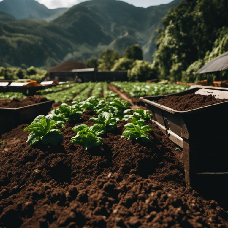 An image showcasing a lush, thriving organic farm, surrounded by towering mountains