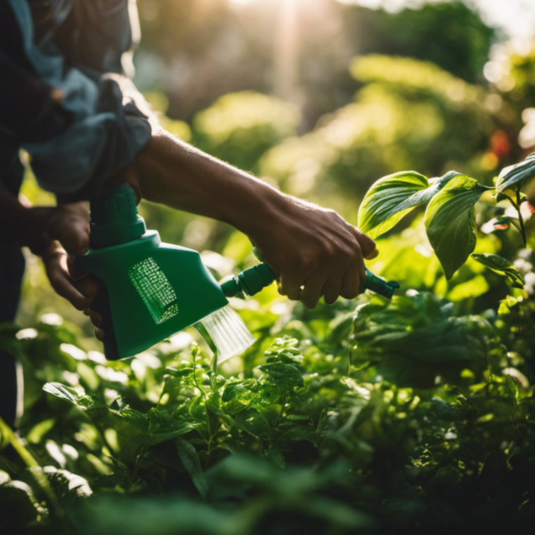 An image showcasing a lush garden scene, with a gardener peacefully spraying a homemade pest spray on vibrant plants