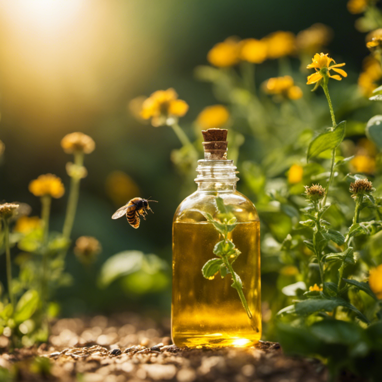 An image capturing a lush herb garden bathed in golden sunlight, showcasing a homemade pesticide spray bottle made from organic ingredients