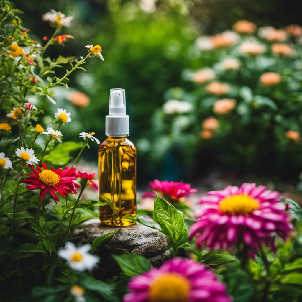 An image showcasing a lush garden with vibrant, blooming flowers, surrounded by a protective barrier of homemade pest spray bottles