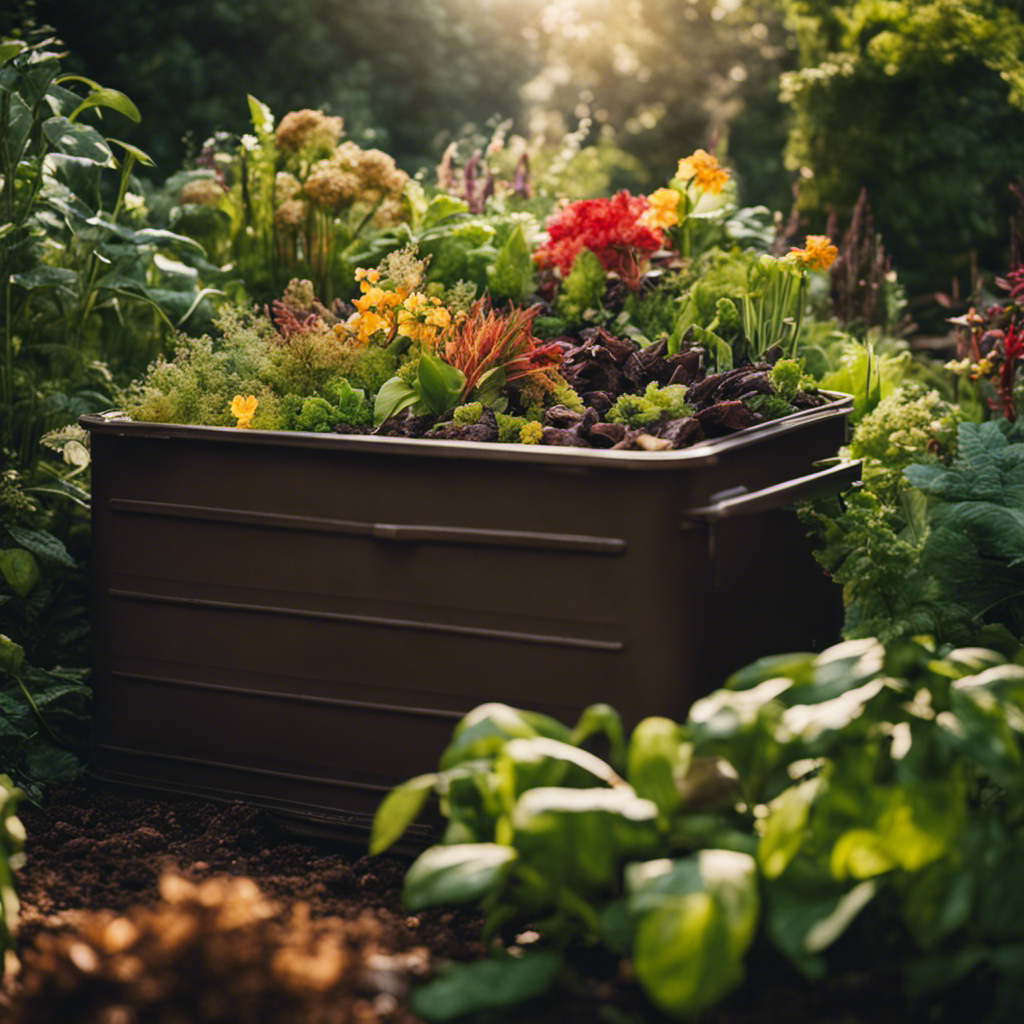 An image that showcases a lush garden filled with vibrant, thriving plants surrounded by a compost bin layered with kitchen scraps, leaves, and soil, highlighting the process of natural decomposition