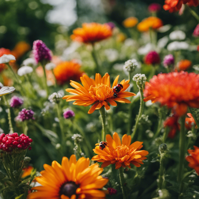 An image showcasing a lush, thriving garden with vibrant flowers and vegetables, surrounded by strategically placed ladybugs and praying mantises, effortlessly warding off pests