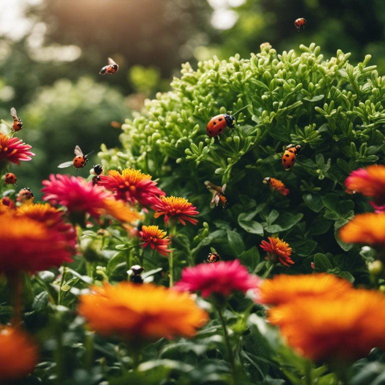 An image showcasing a flourishing garden with vibrant flowers and lush greenery, surrounded by natural deterrents like ladybugs and birds